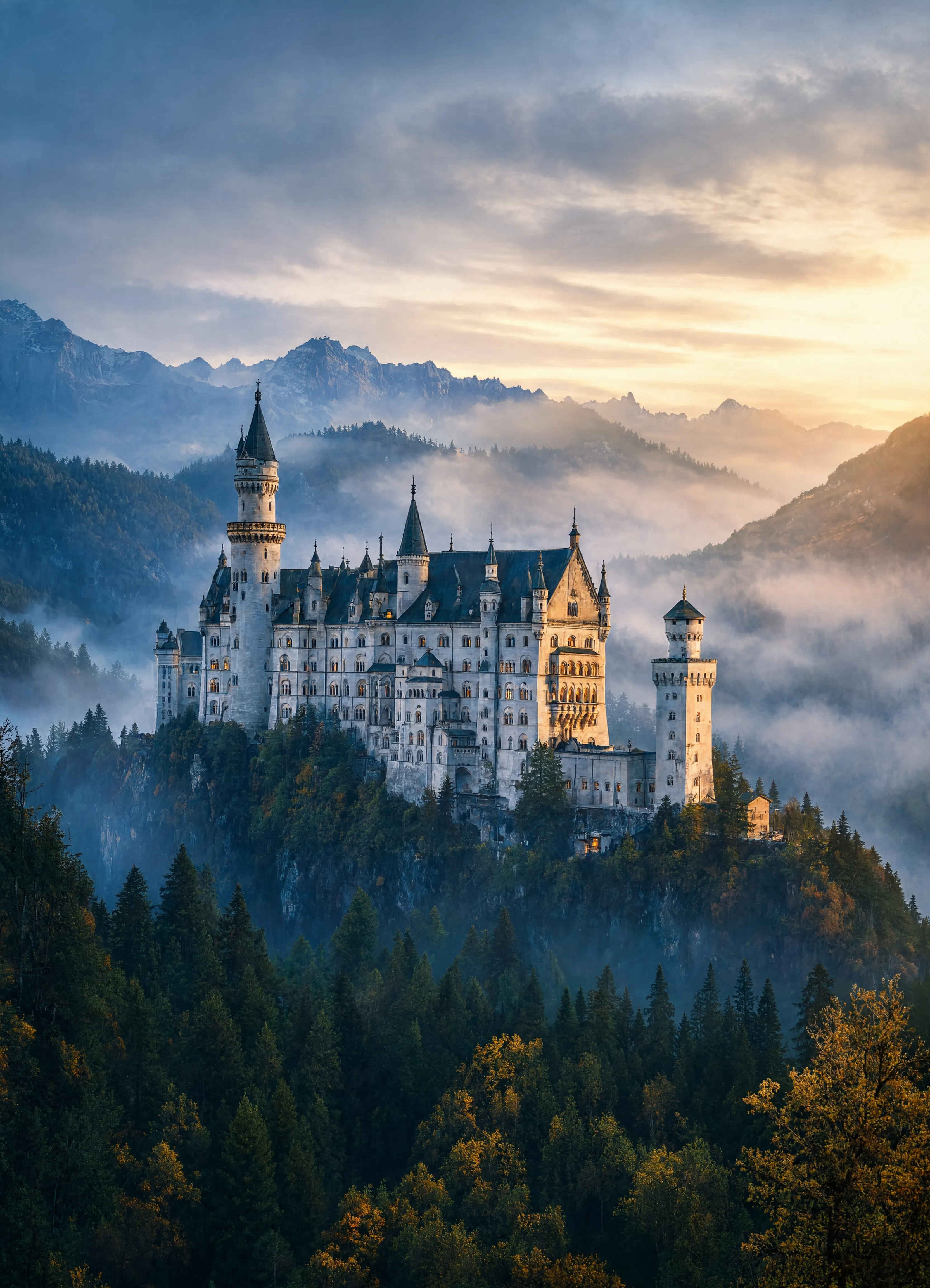 Majestätischer Blick auf Schloss Neuschwanstein vor alpiner Kulisse im Morgengrauen