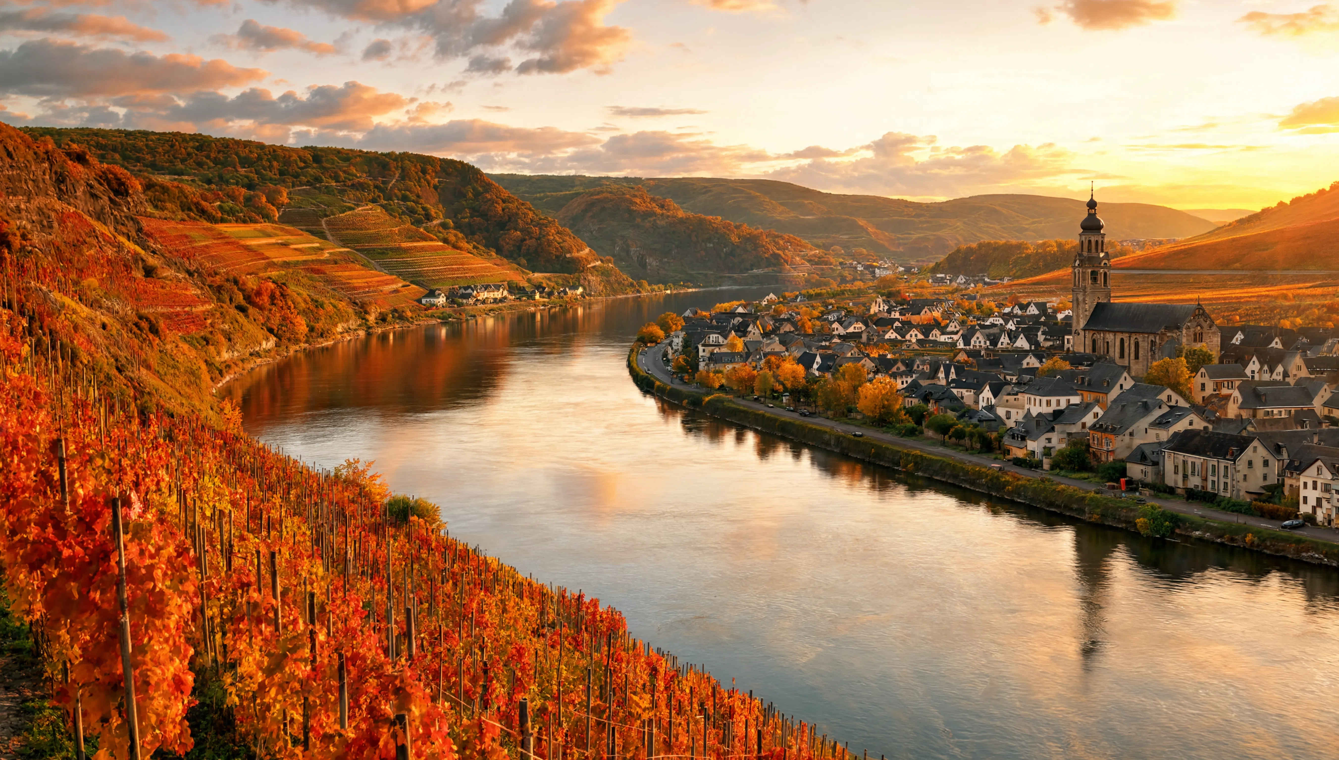 Herbstliche Weinberge entlang des Moselufers mit romantischen Weinortssilhouetten