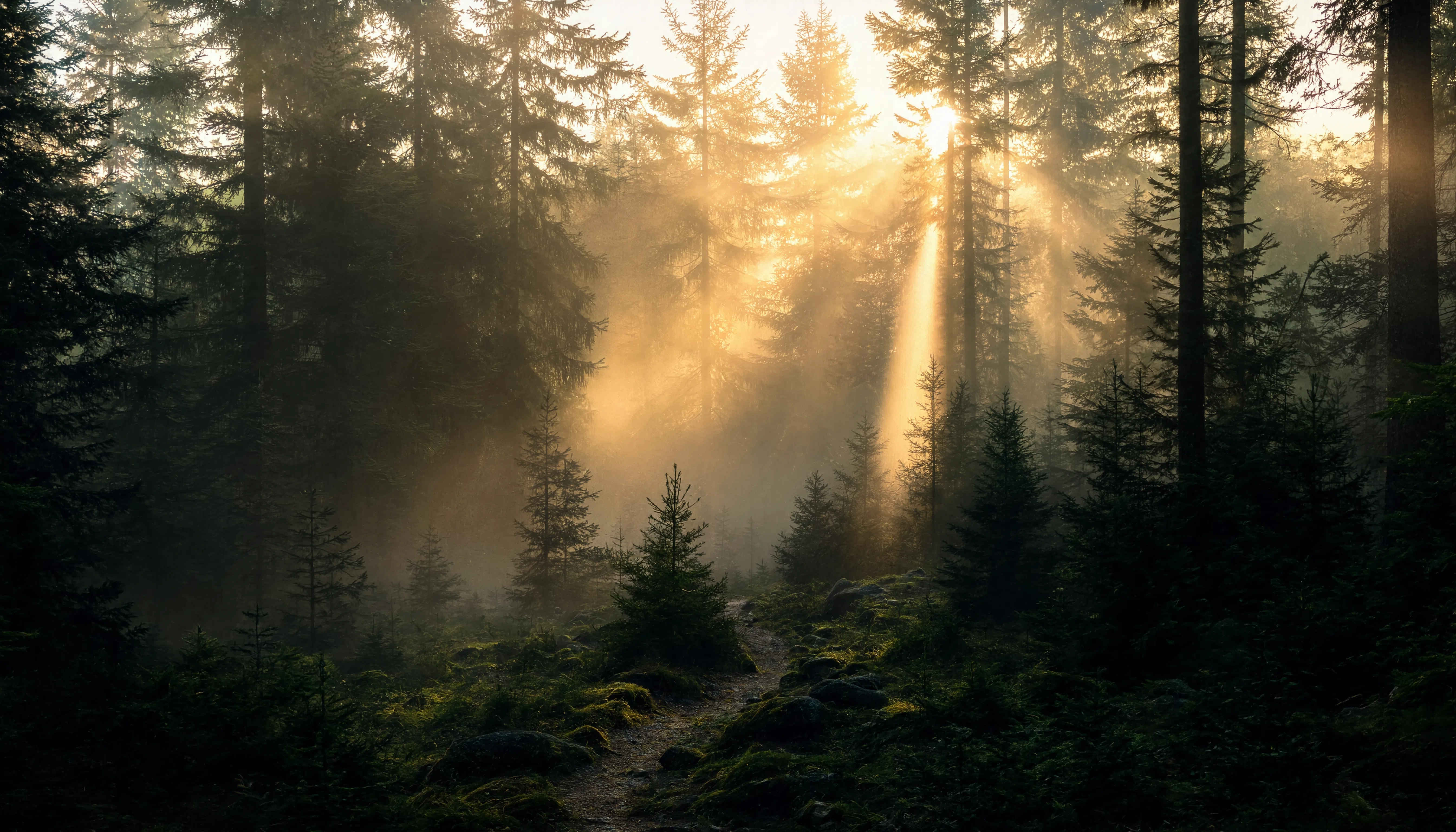 Mystischer Morgennebel über den Tannenspitzen des Schwarzwalds bei Sonnenaufgang