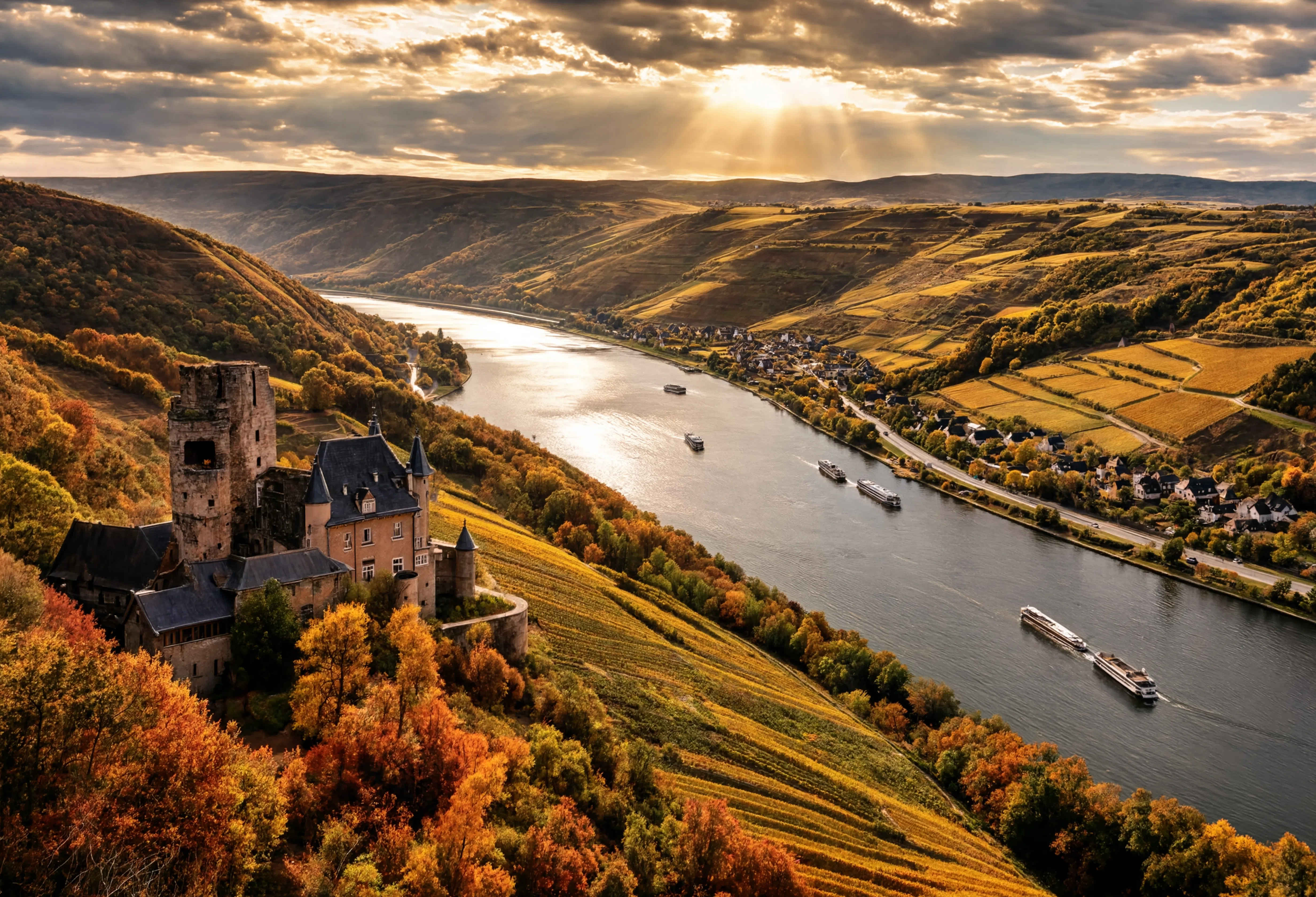 Herbstliche Weinberge im Rheintal mit Blick auf den Rhein und alte Burgen